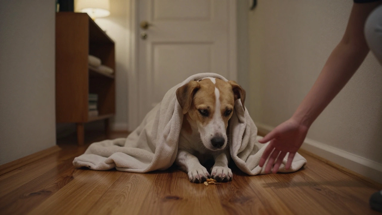 Old dog gently pawing at a blanket covering a treat in evening light.