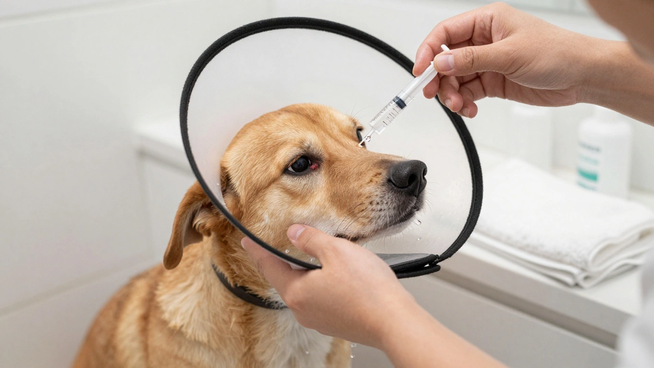 Owner gently flushing a dog's eye with sterile saline using a syringe.