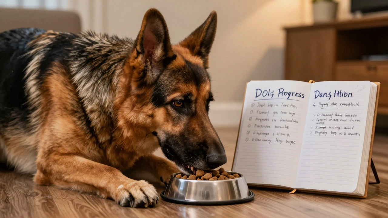 Senior dog eating final portion of new food with a journal showing transition progress nearby.