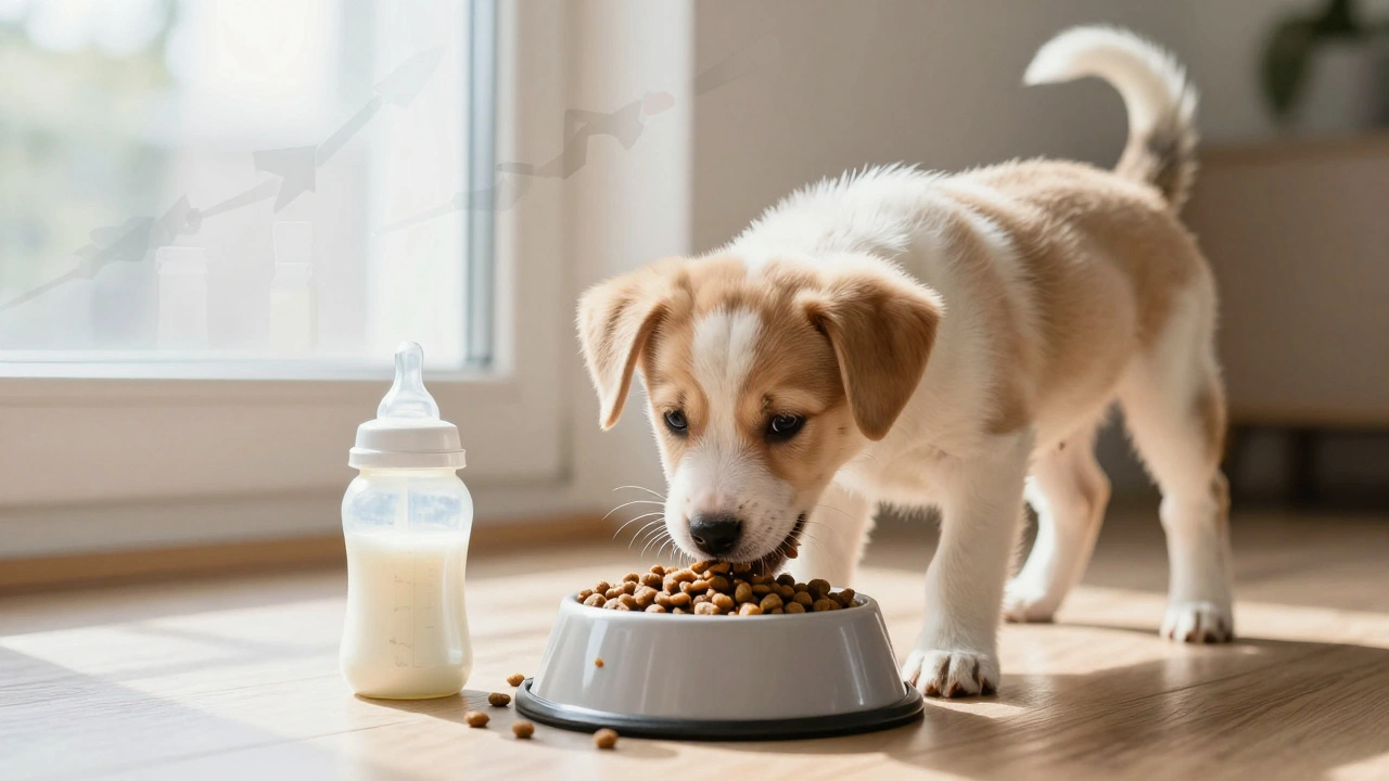 Seven-week-old puppy eating dry kibble for the first time, symbolizing the end of weaning.