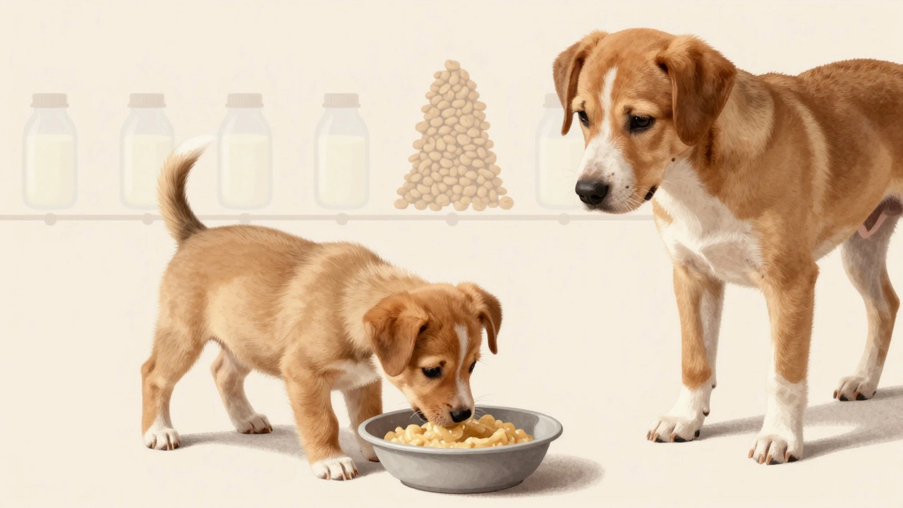 Six-week-old puppy eating thickened gruel as the mother steps back, signaling independence.