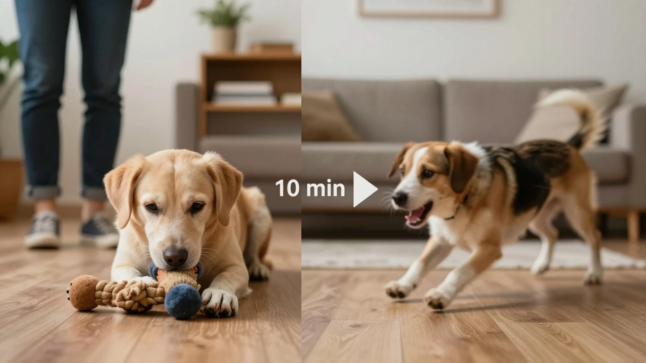 Split image: one side shows a calm dog with a toy, the other shows the same dog in chaotic panic, illustrating behavioral differences over time.
