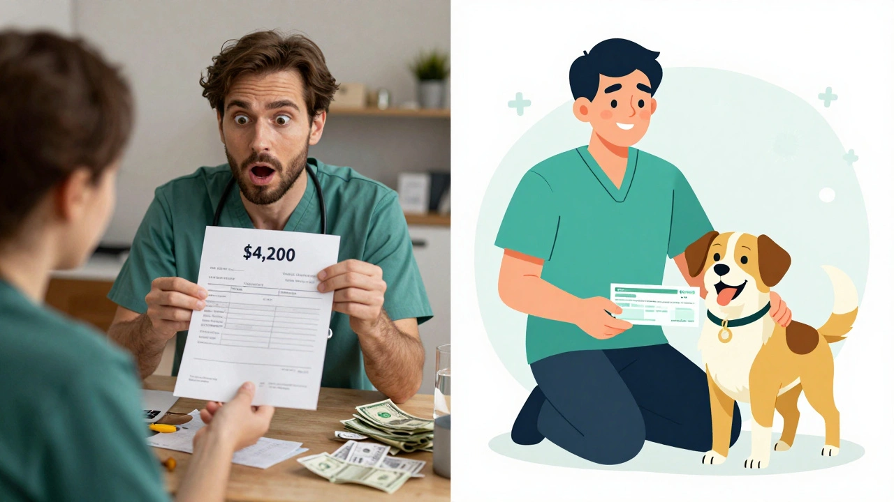Split image: owner stressed over vet bill vs. relieved after insurance reimbursement.