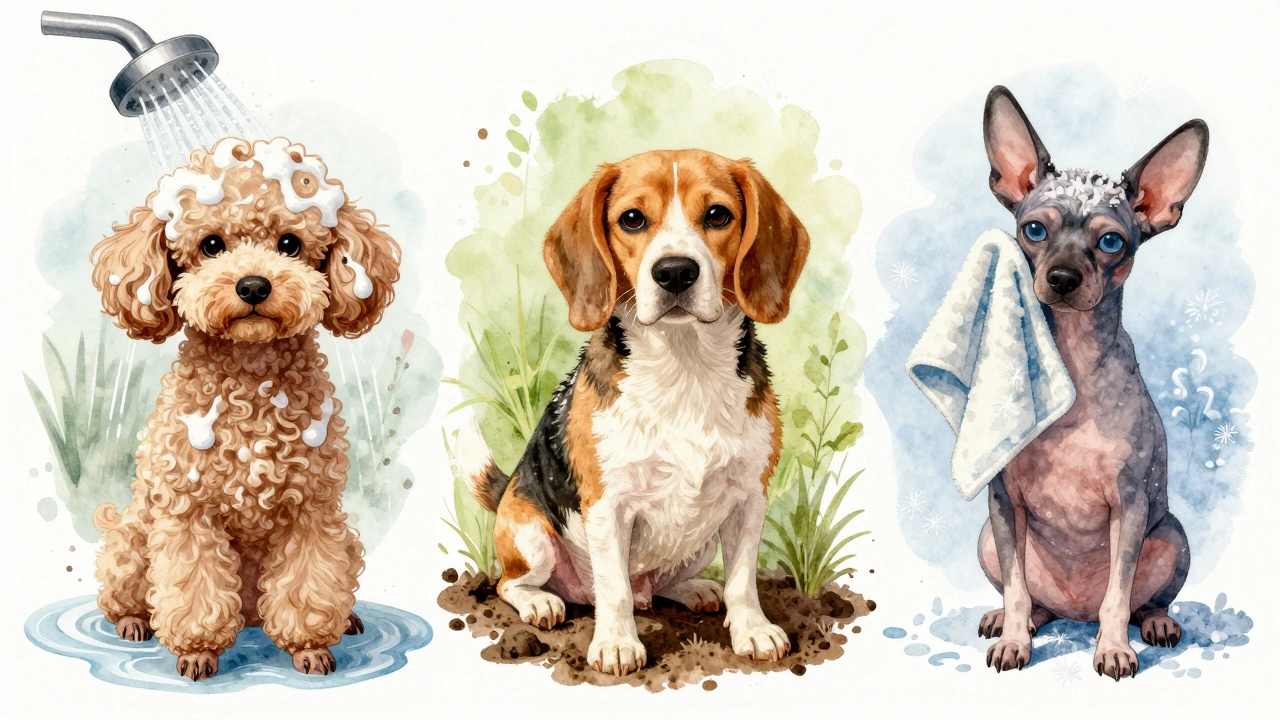 Three dog breeds—Poodle, Beagle, and Chinese Crested—each shown with their ideal bathing routine and seasonal context.