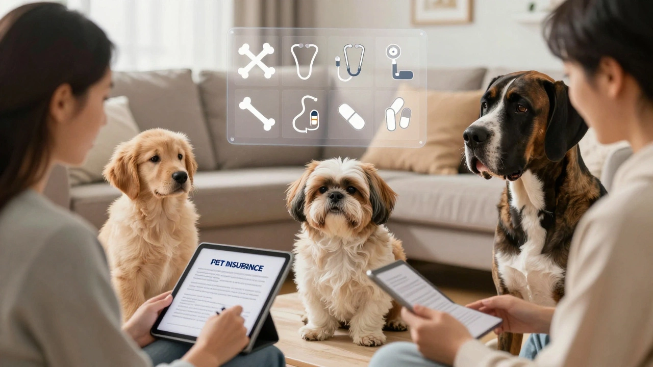 Three dogs of different ages in a home, owners reviewing pet insurance on a tablet.