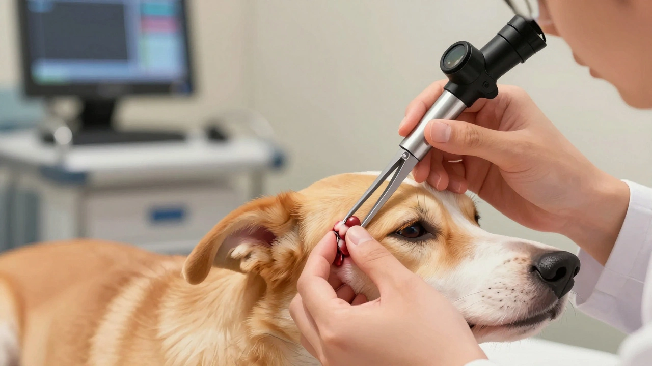 Veterinarian carefully removing an ear polyp from a sedated dog using specialized tools.