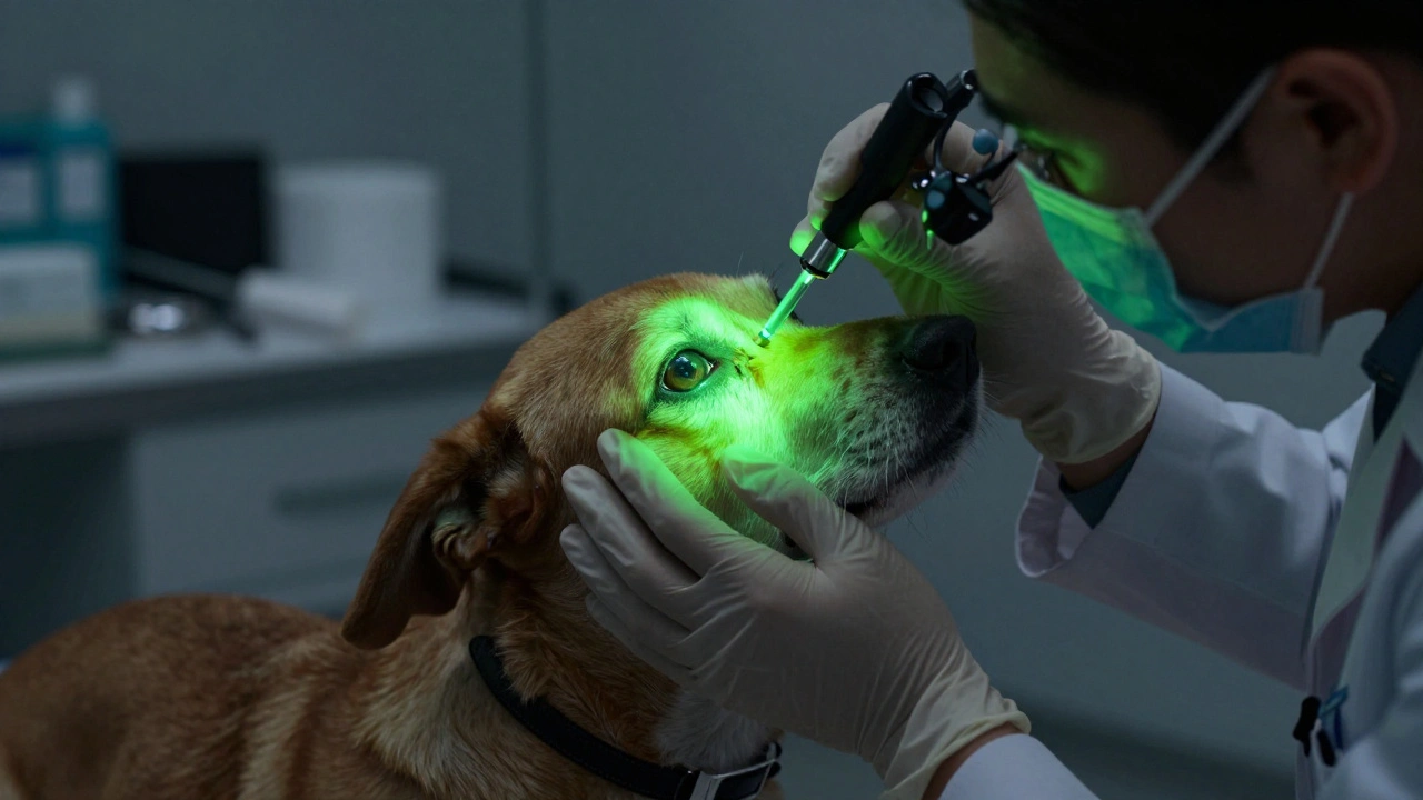 Veterinarian using fluorescent light to reveal a corneal ulcer in a dog's eye.