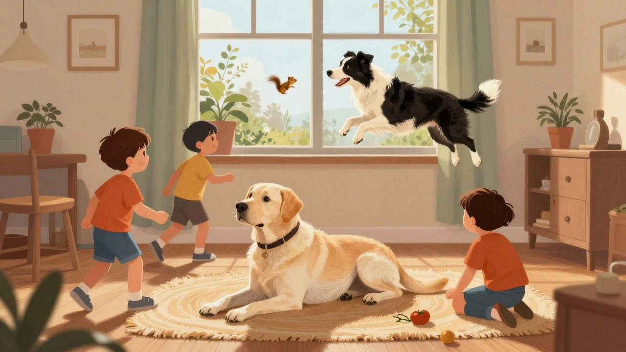 A calm Labrador lies peacefully with children playing, while a Border Collie leaps at a squirrel outside.