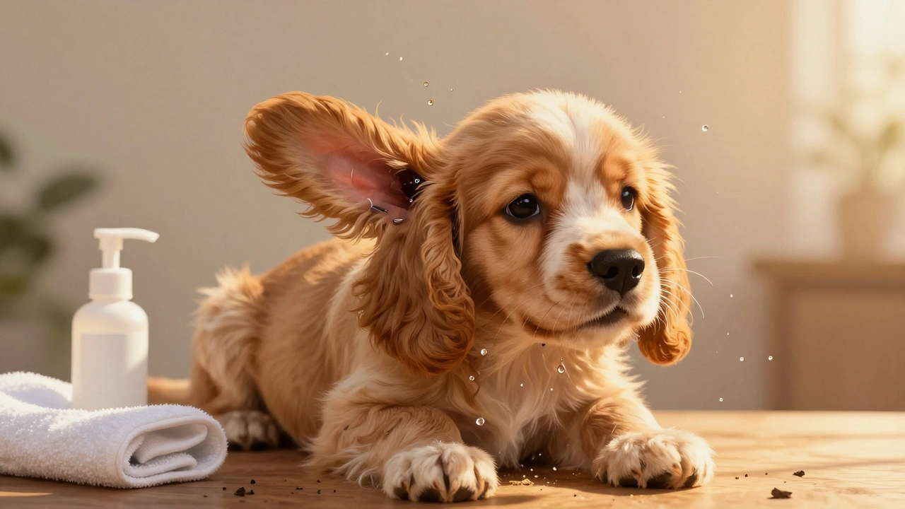 A Cocker Spaniel puppy shaking its head after ear cleaning, droplets flying, calm expression, towel and cleaner on table.