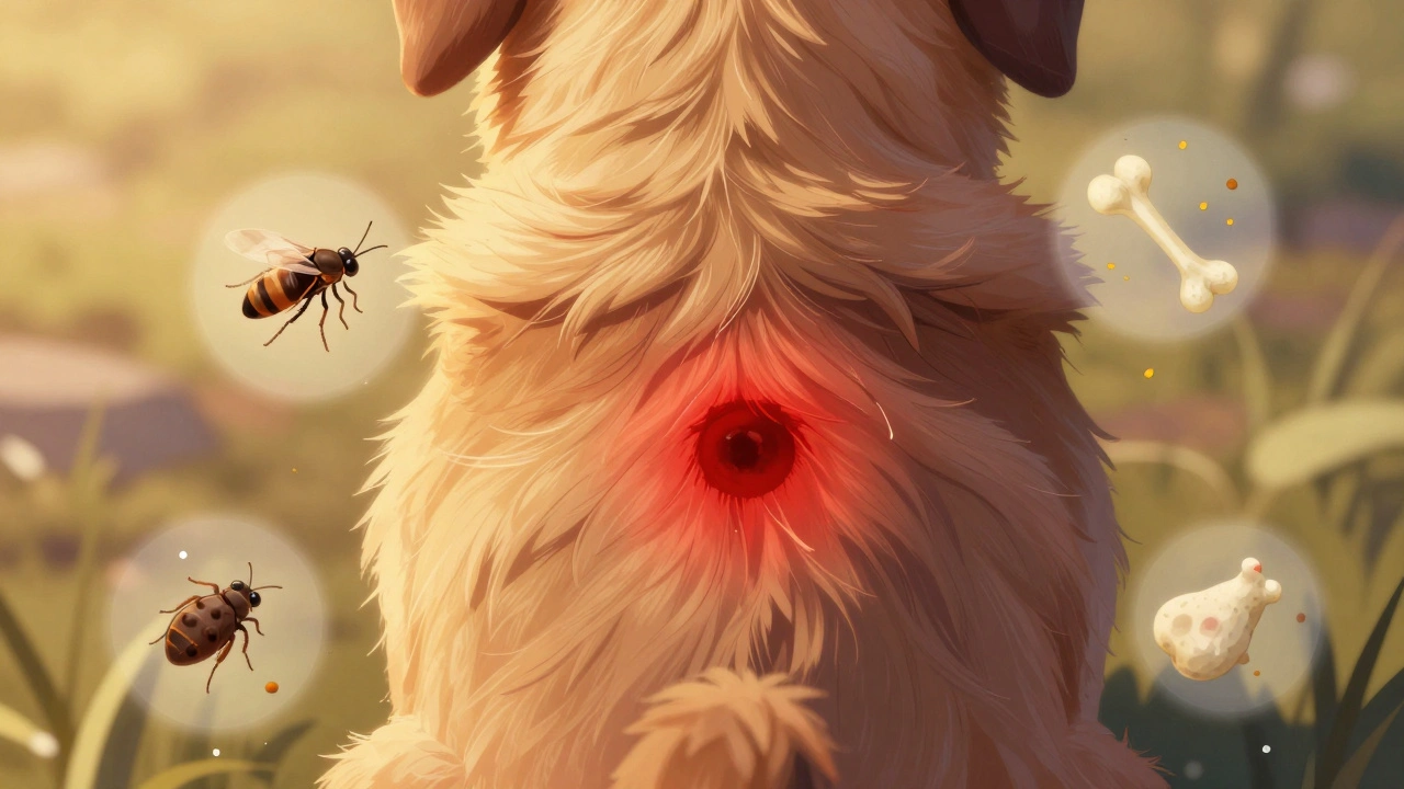 A dog's back with hidden inflamed hot spot surrounded by floating allergen symbols like flea, pollen, and chicken.