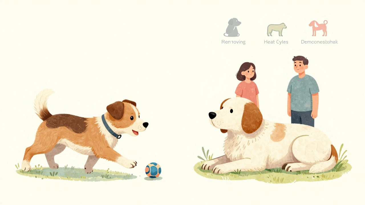 A dog's life journey showing improved behavior and health after early spay or neuter.