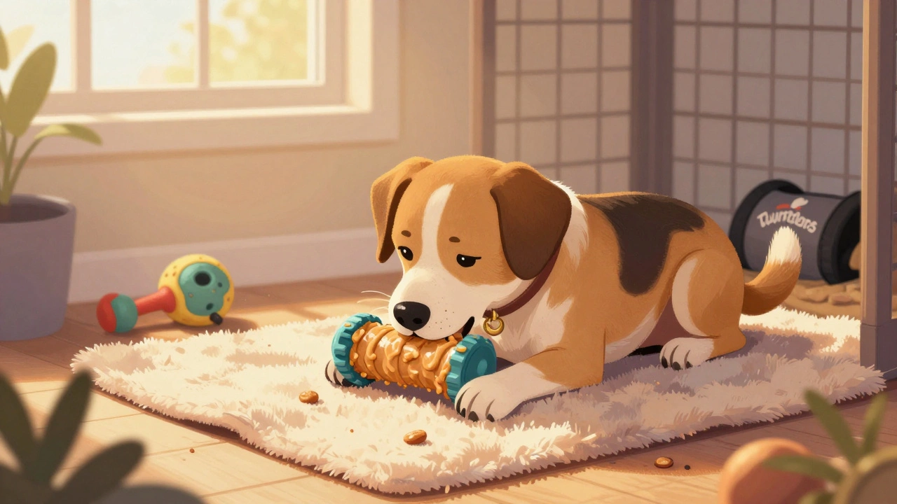 A dog chews calmly on a frozen Kong toy inside a cozy crate, surrounded by calming tools and warm light.