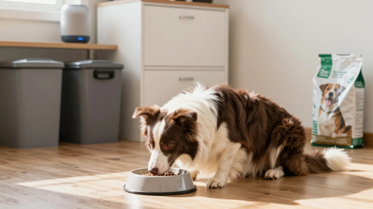 A dog eating slowly from a special bowl in a safe, organized home environment.