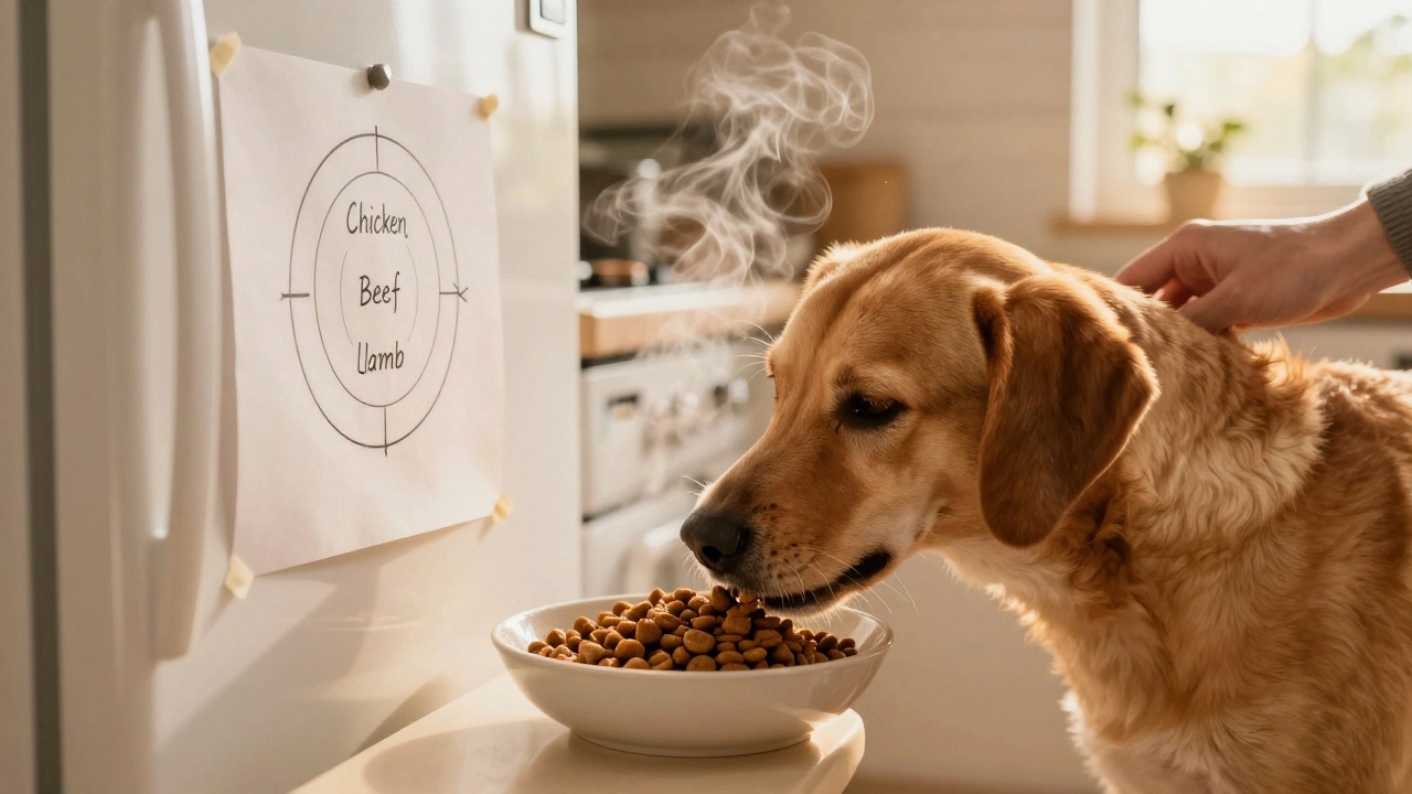 A dog eating warmed kibble with broth, steam rising, as a food rotation chart is visible on the fridge.