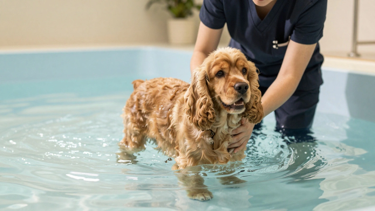 A dog gently swimming in a shallow pool, owner watching nearby, soft sunlight on water.