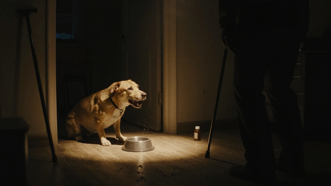 A dog lunges in a dark room at night, terrified, illuminated by a single lamp beside a spilled water bowl.
