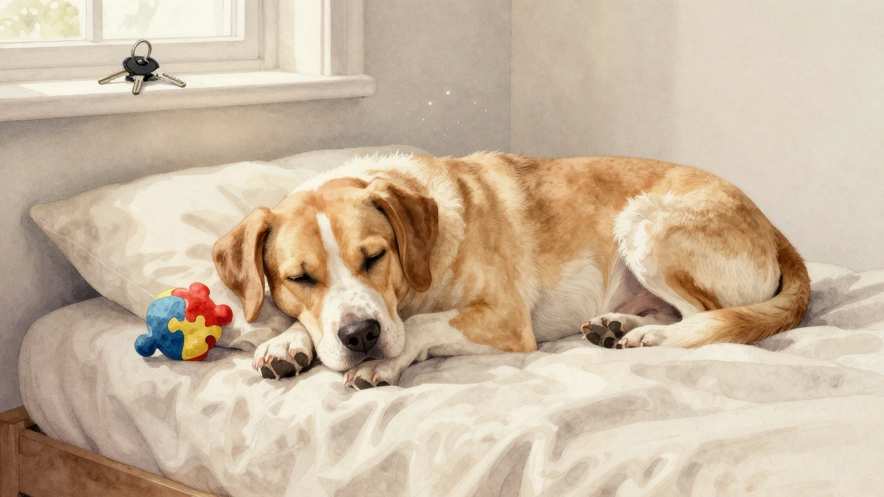 A dog resting peacefully on a bed with puzzle toy and keys nearby.