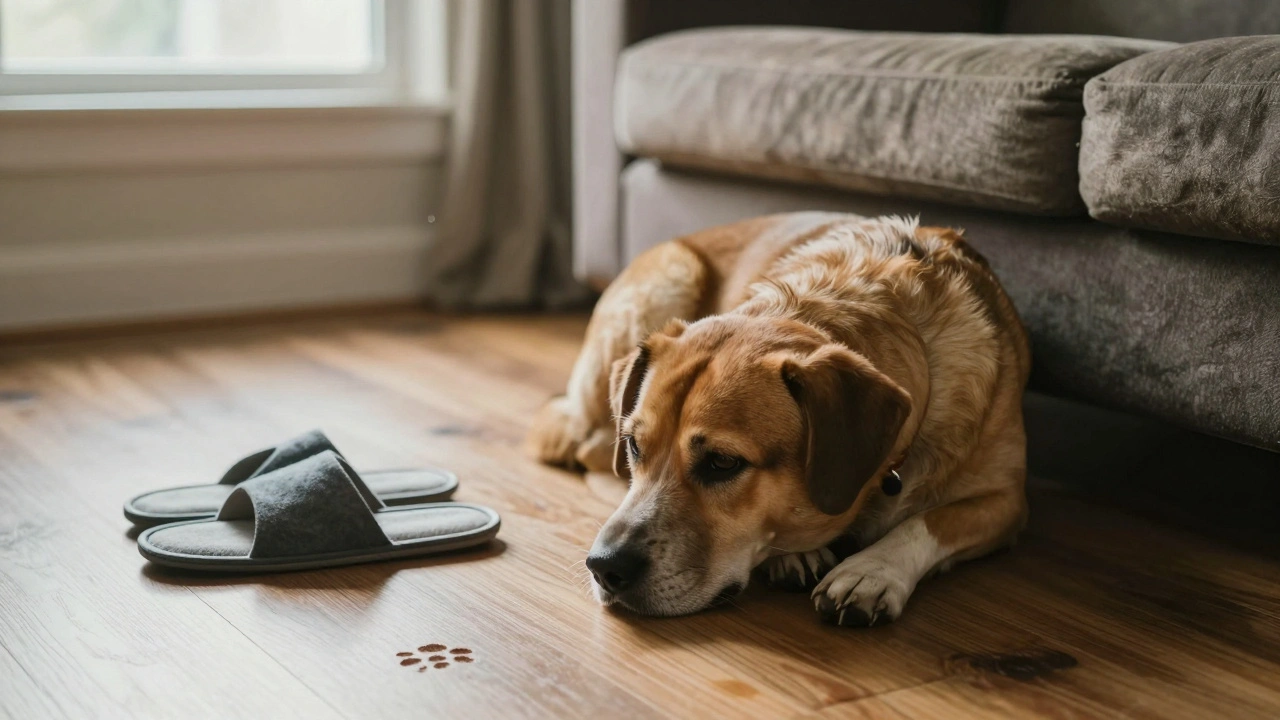 A dog rests on a couch beside empty slippers, sunlight streaming in, as if waiting for someone to return.