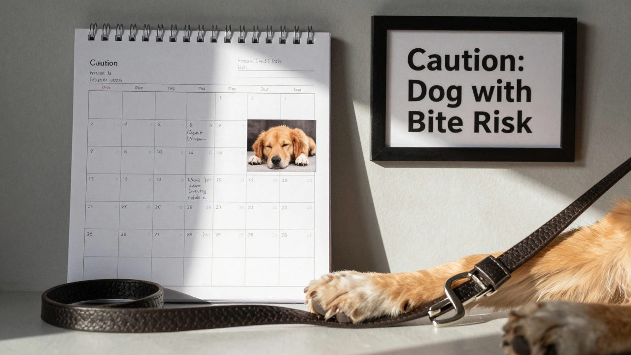 A dog’s paw on a leash beside a progress logbook and a safety sign, with morning light highlighting calm documentation of behavior improvement.
