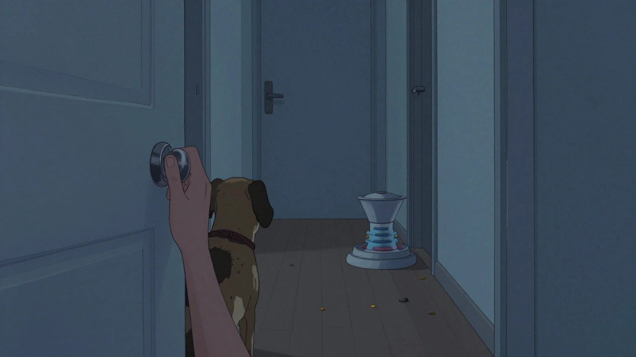 A dog waiting peacefully behind a closed door as someone departs.