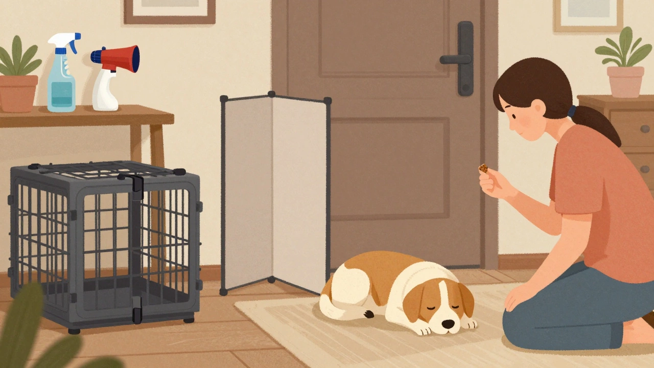 A peaceful dog resting on a mat in a home with safety tools like a crate, barrier screen, and spray bottle nearby, no one reaching toward them.