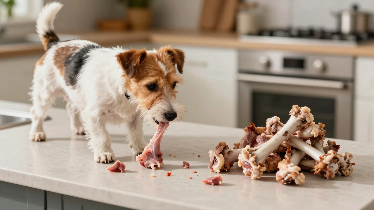 A terrier eating a chicken neck beside discarded cooked bones on a counter.