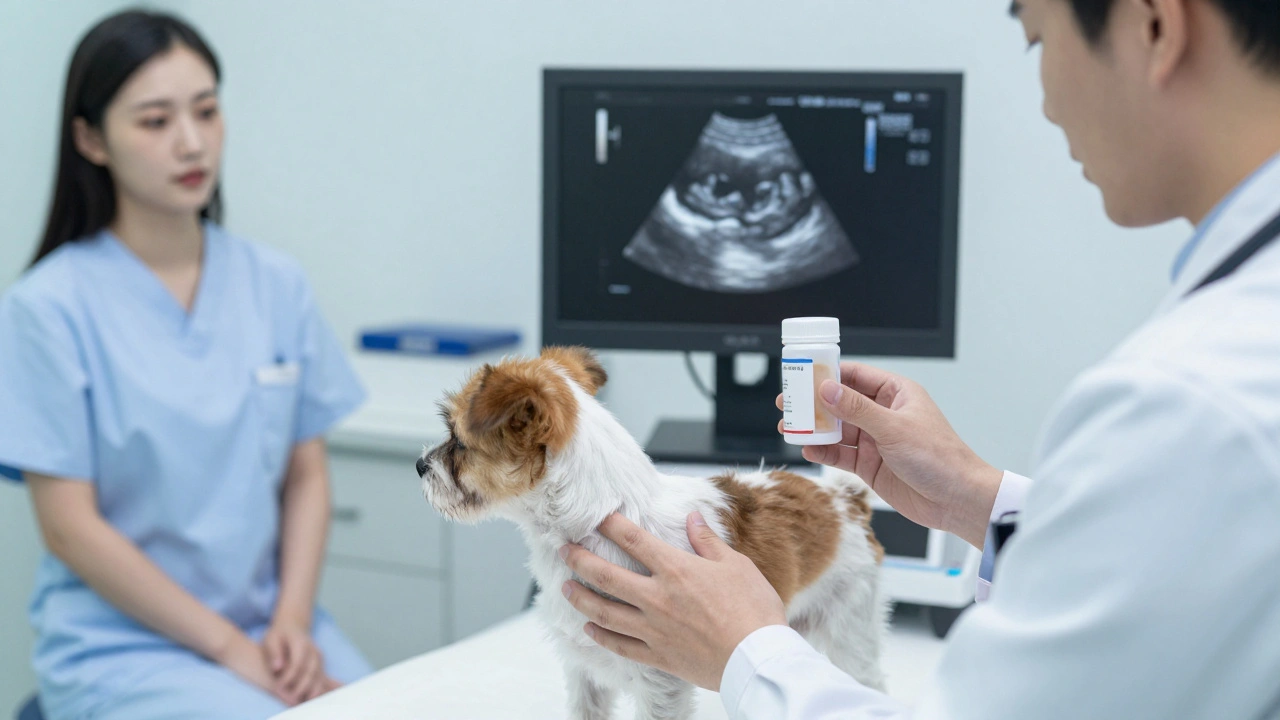 A vet examining a dog's abdomen while holding a fecal sample in a clinic.