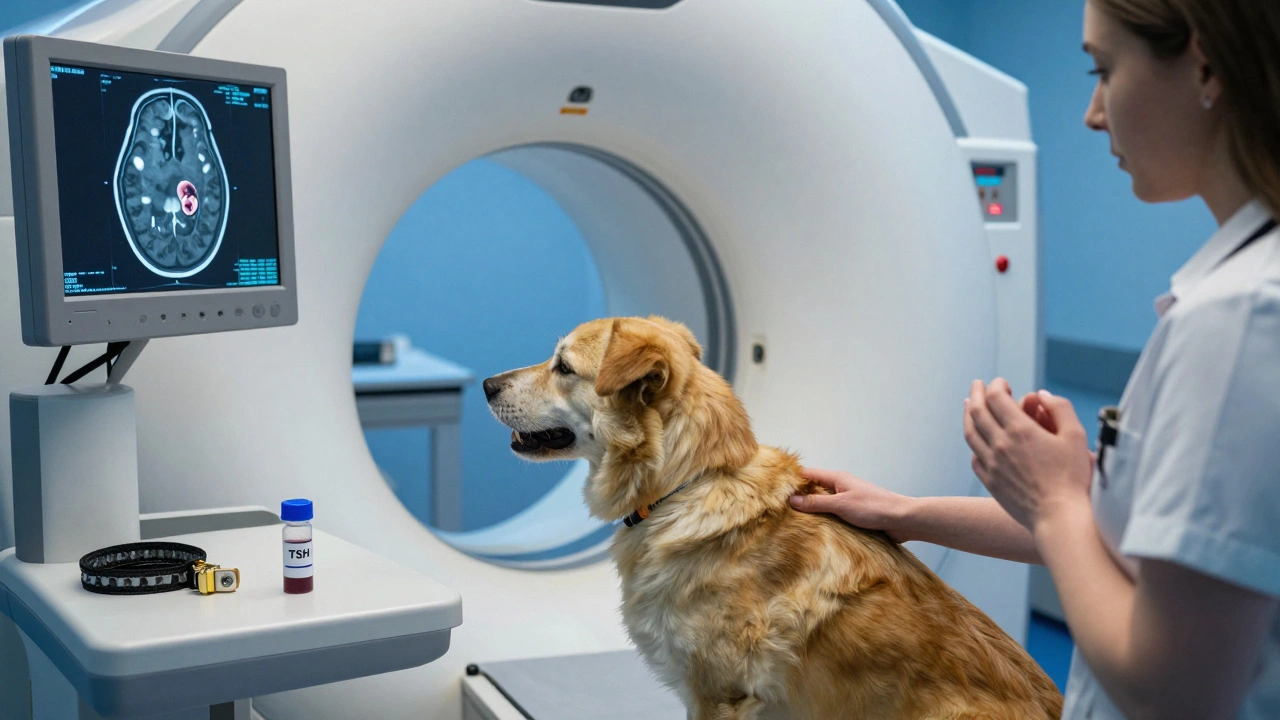 A veterinarian reviews an MRI scan of a dog's brain showing a tumor, with the owner watching anxiously.