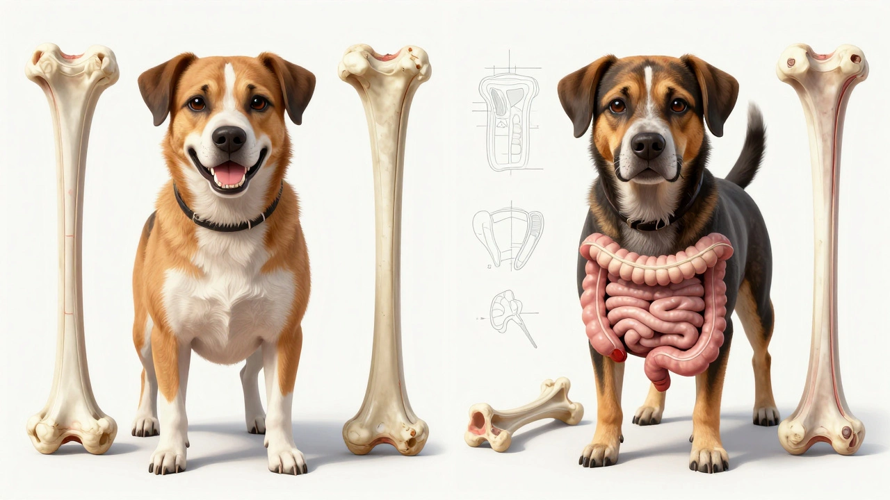 A veterinary comparison showing a healthy dog and a dog with bone-related injury.