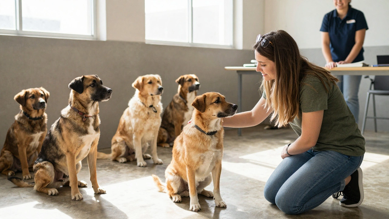 A woman connecting with a mixed-breed dog at a shelter, sunlight illuminating the peaceful moment.