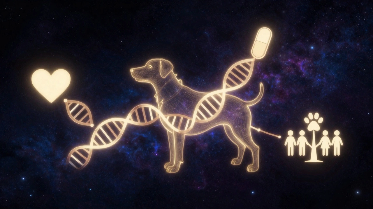 Abstract glowing DNA strands forming icons for breed, health risks, and family connections
