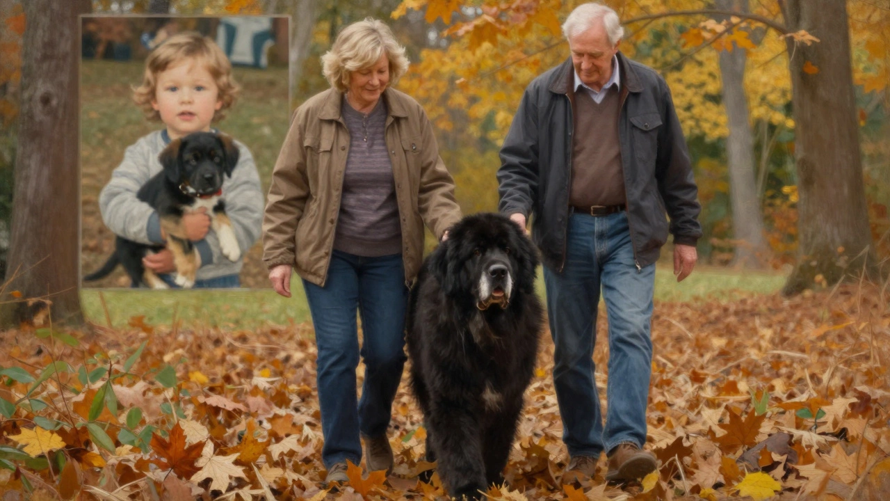 An elderly couple walks a large, gentle dog through autumn leaves, a faded childhood photo visible in the distance.