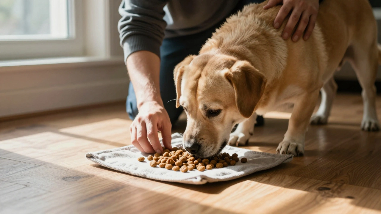 An overweight dog sniffing kibble from a snuffle mat on a wooden floor, owner watching patiently.