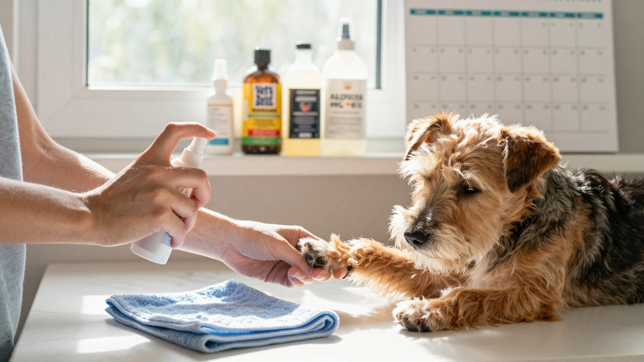 An owner spraying itch-relief mist on their dog’s paws after a walk, with medicated shampoo bottles visible in the background.