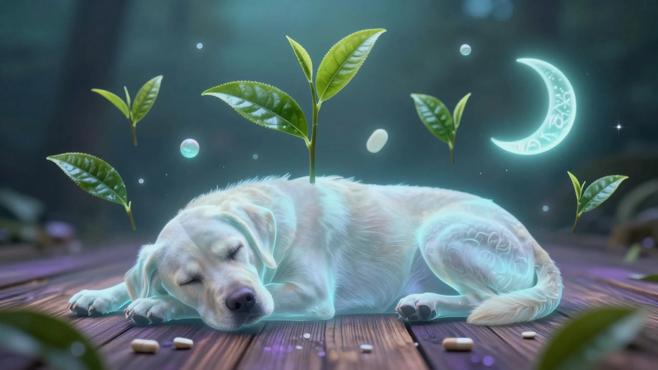 Calm dog silhouette surrounded by floating botanical elements