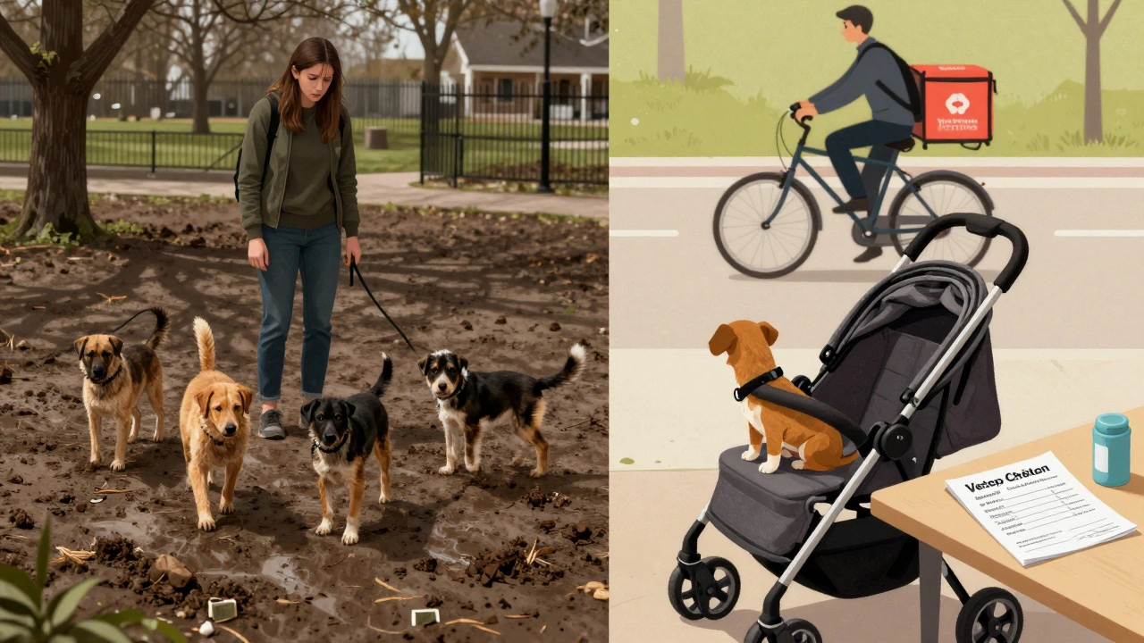 Contrast between a risky dog park and a safe puppy stroller outing with vaccination records visible.