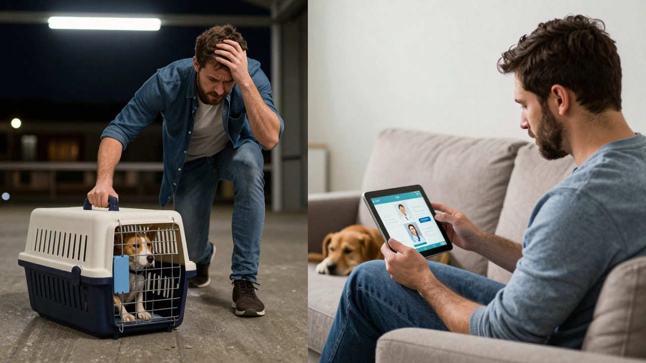 Contrast between a stressful emergency vet visit at night and a calm virtual vet consultation during the day.