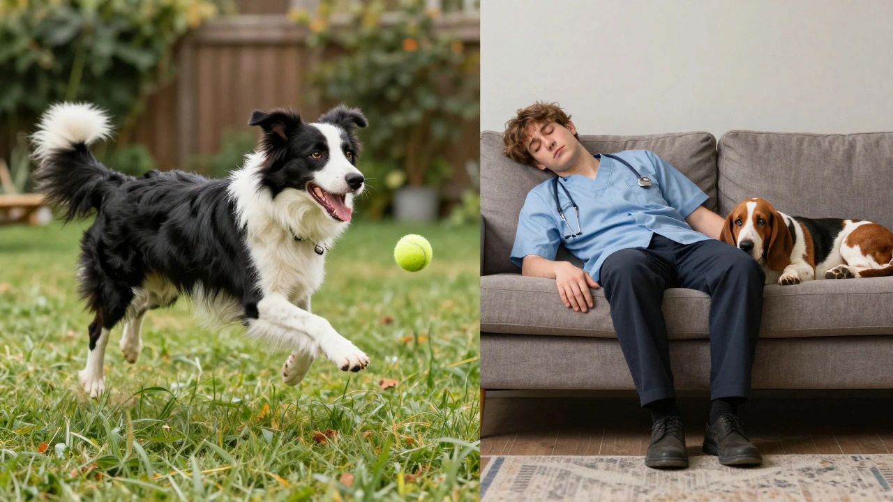 Contrasting lifestyles: high-energy Border Collie vs. relaxed Basset Hound with a tired owner.