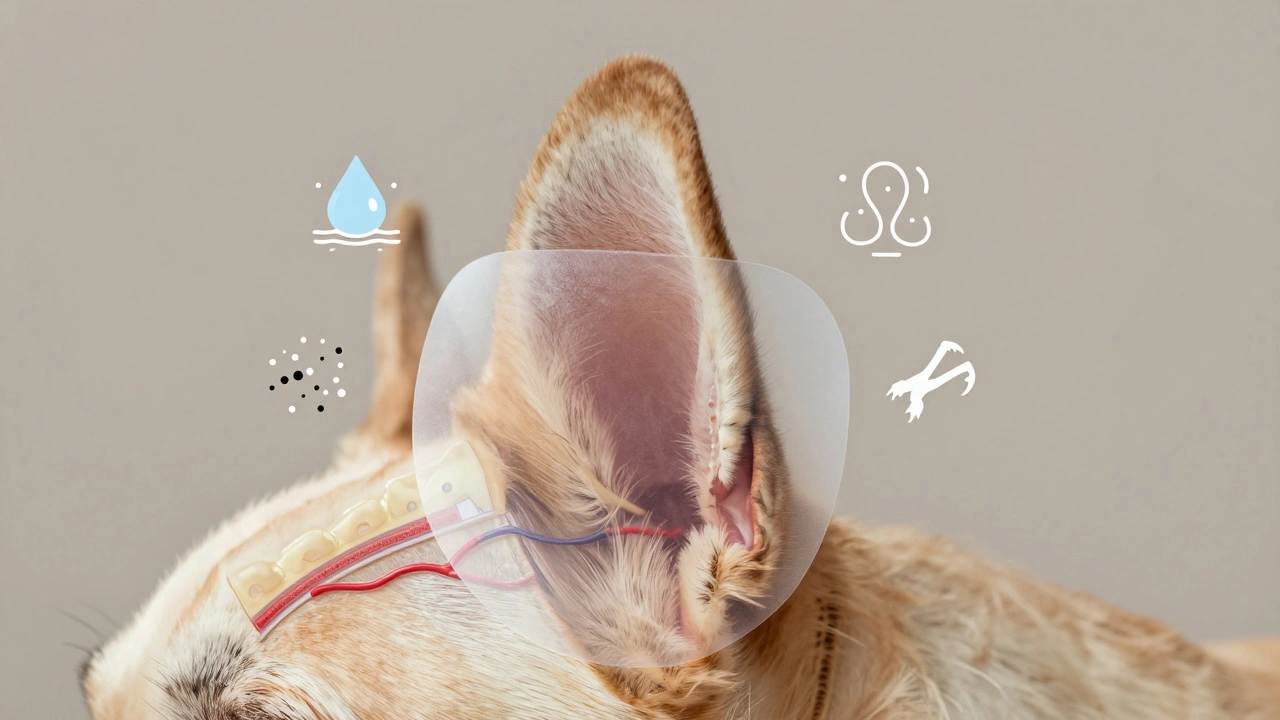 Cross-section of a dog's ear with protective wrap blocking moisture, debris, and scratching.