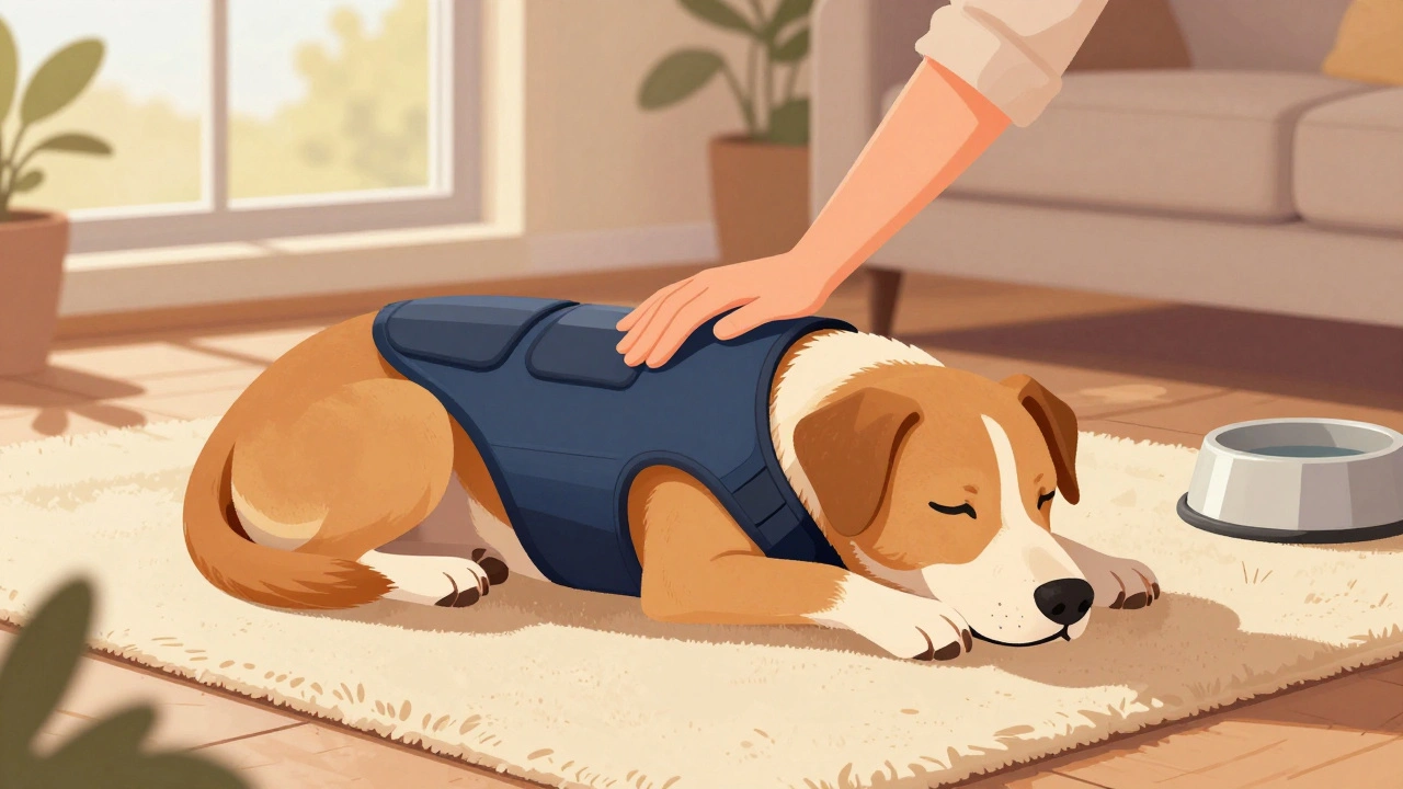 Dog resting comfortably wearing a pressure anxiety vest