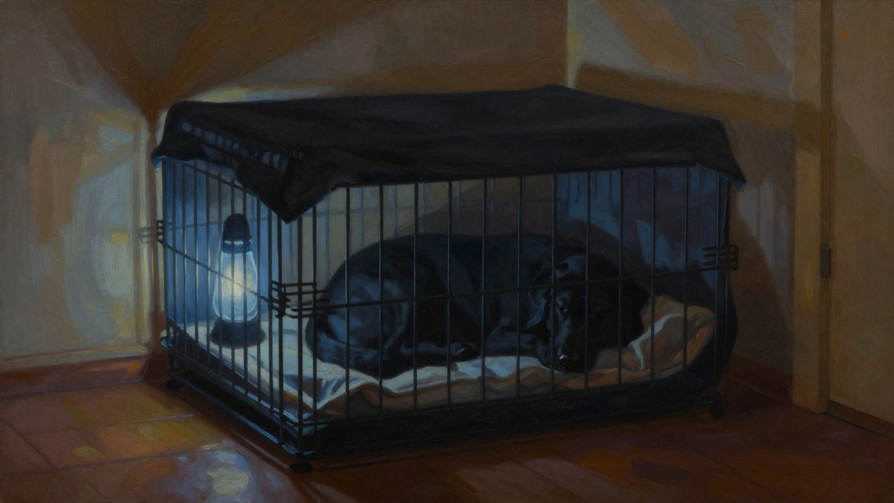 Dog sleeping peacefully in a covered crate during nighttime.