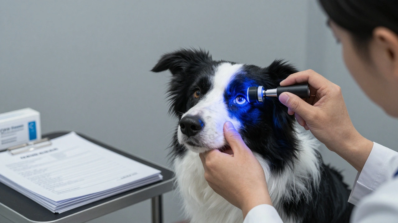 Dog undergoing eye exam and genetic health screening tests.