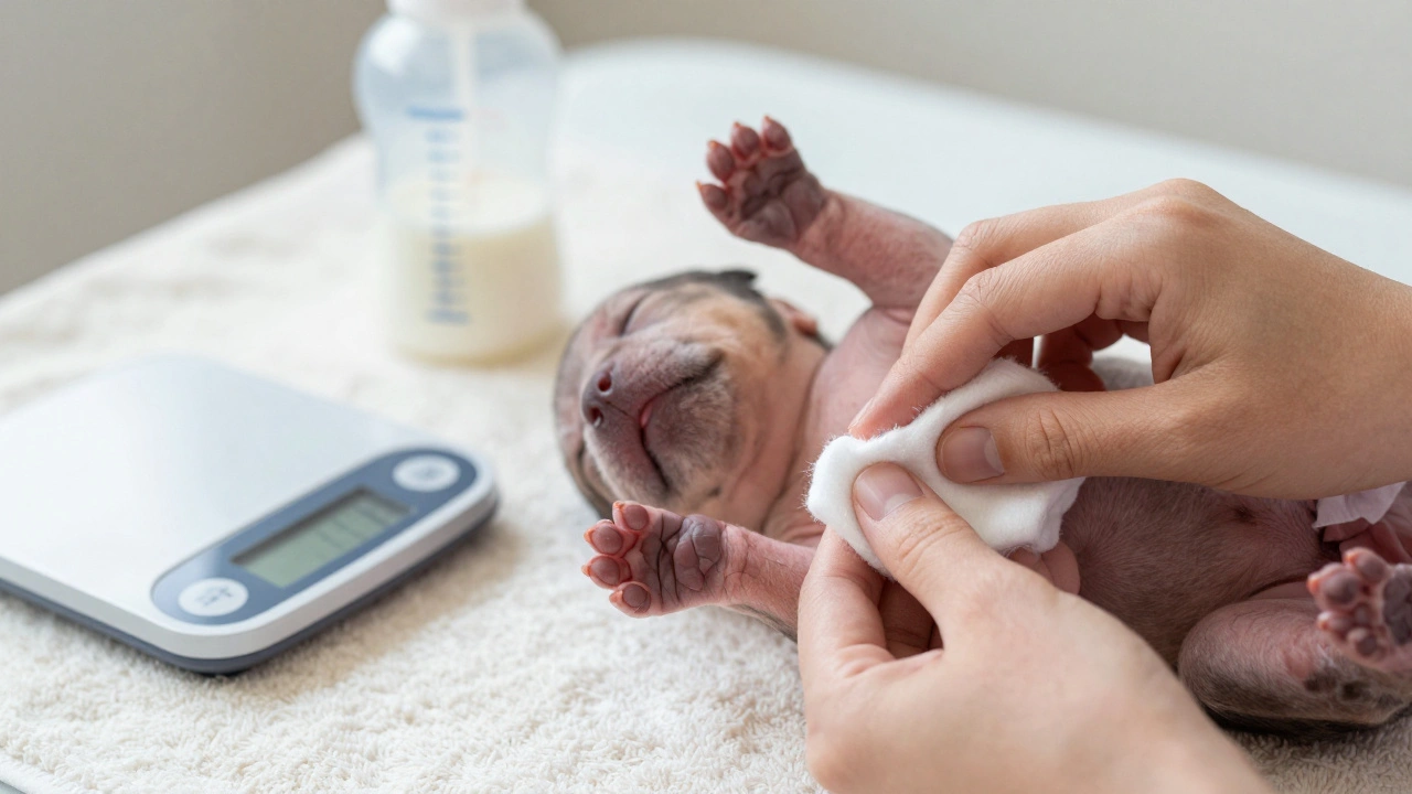 Hand gently stimulating a newborn puppy with a damp cotton ball for bathroom needs