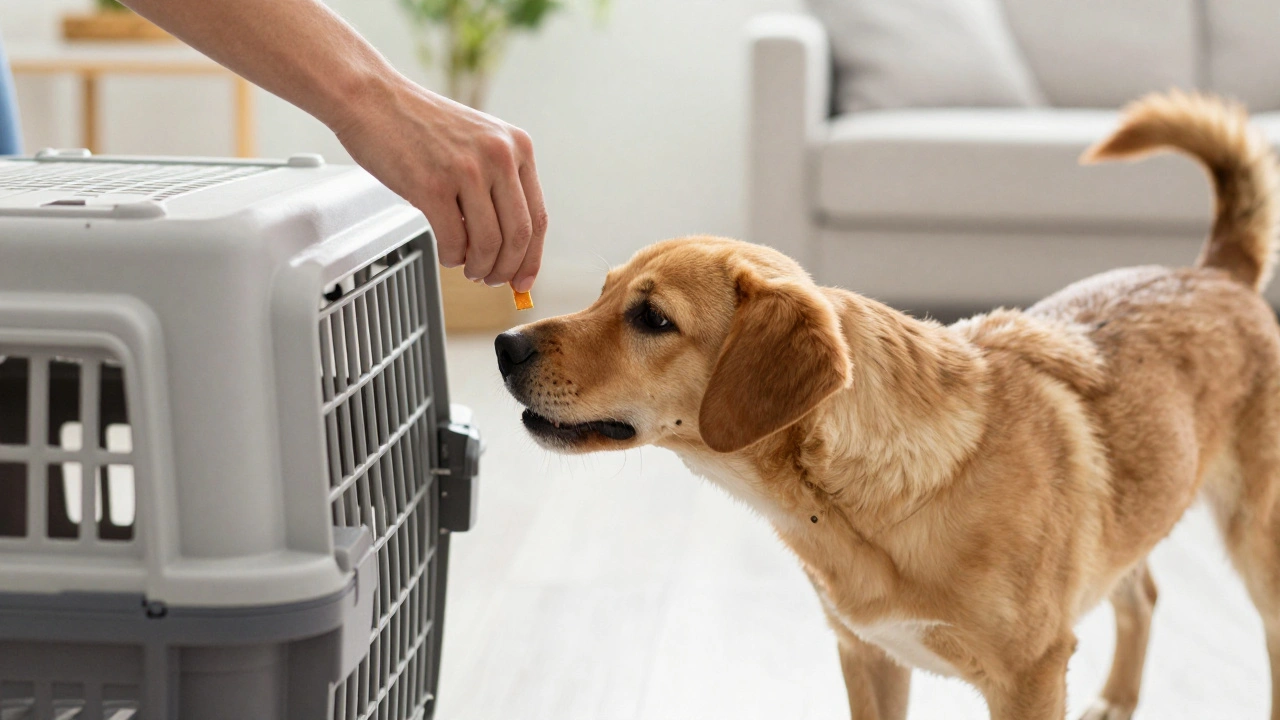 Human hand offering a treat to a dog entering an open crate.