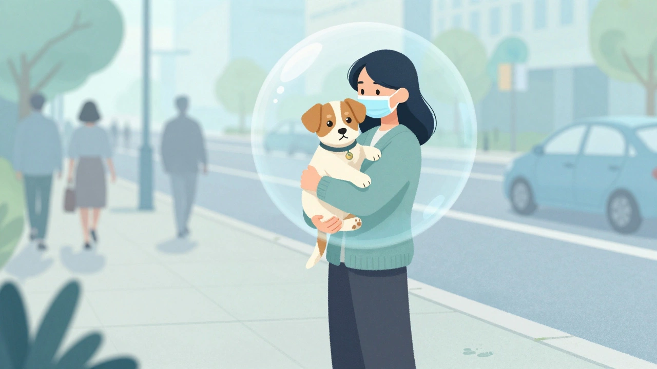 Illustrated puppy safely carried above sidewalk