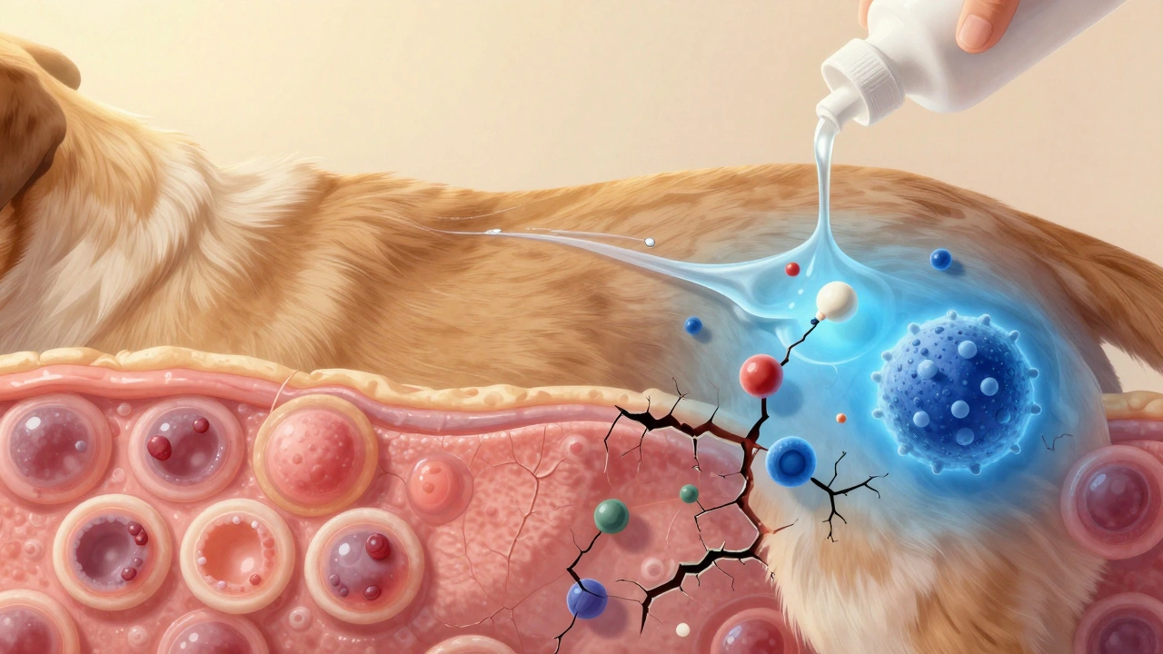 Microscopic view of a dog’s skin healing as medicated molecules kill bacteria and restore the skin barrier.