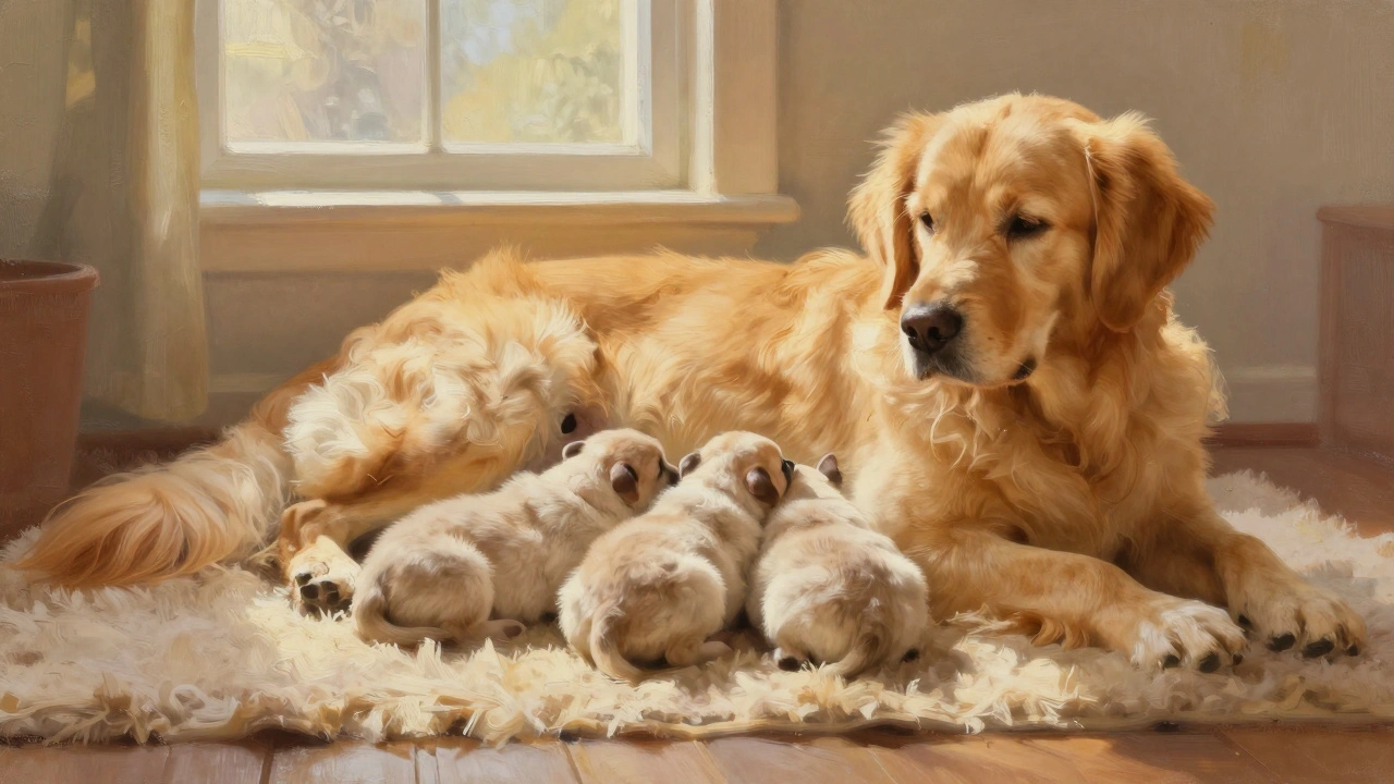 Mother dog nursing puppies in a warm, safe home environment.