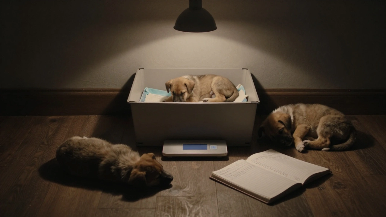 Newborn puppy on a scale beside a logbook in a quiet, dimly lit whelping area