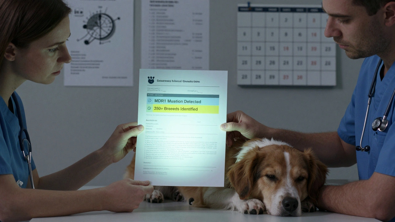 Owner and vet reviewing dog DNA report with dog resting nearby, medical charts in background