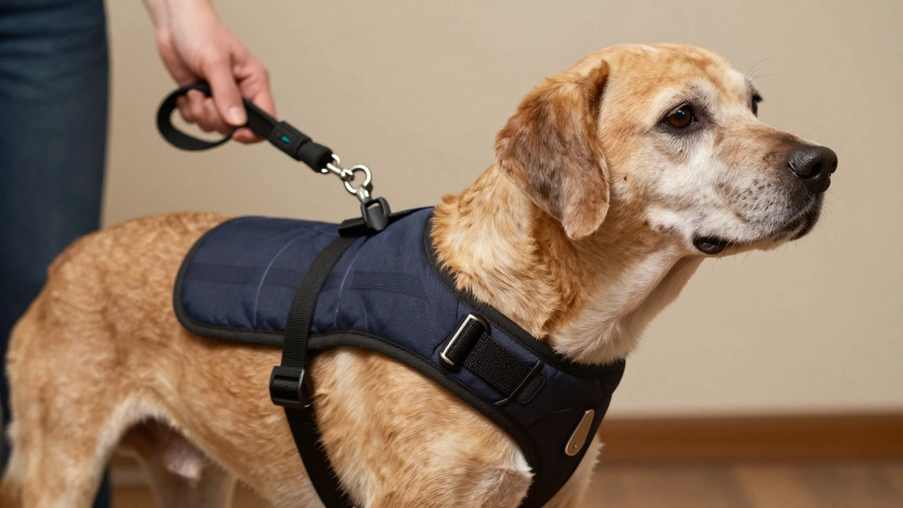 Senior dog wearing supportive chest harness with owner
